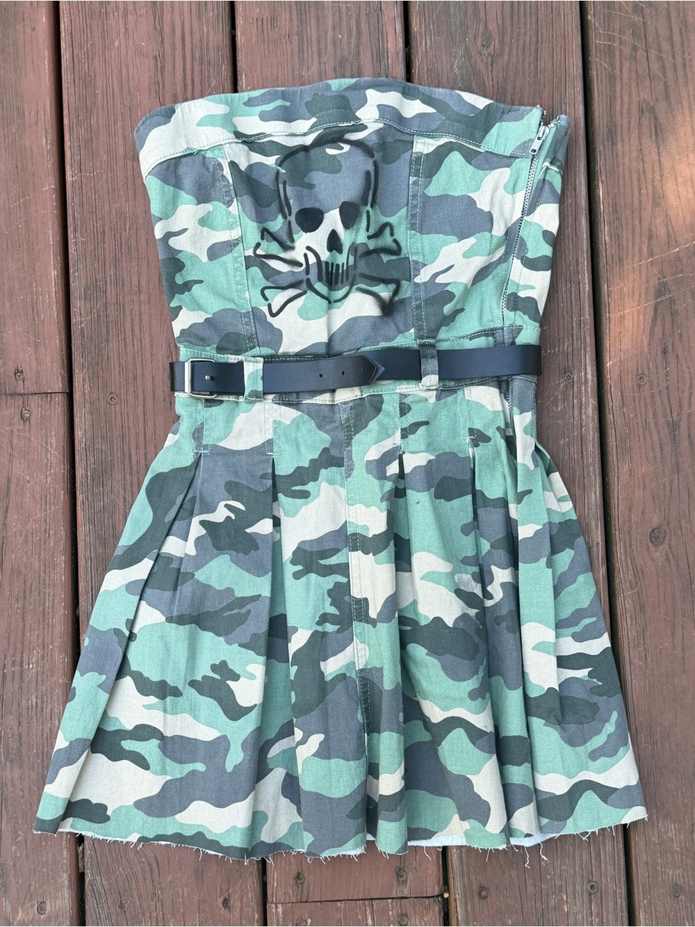 Women's XS Camo Strapless Dress Custom Reworked Y2K Streetwear Belted Mini